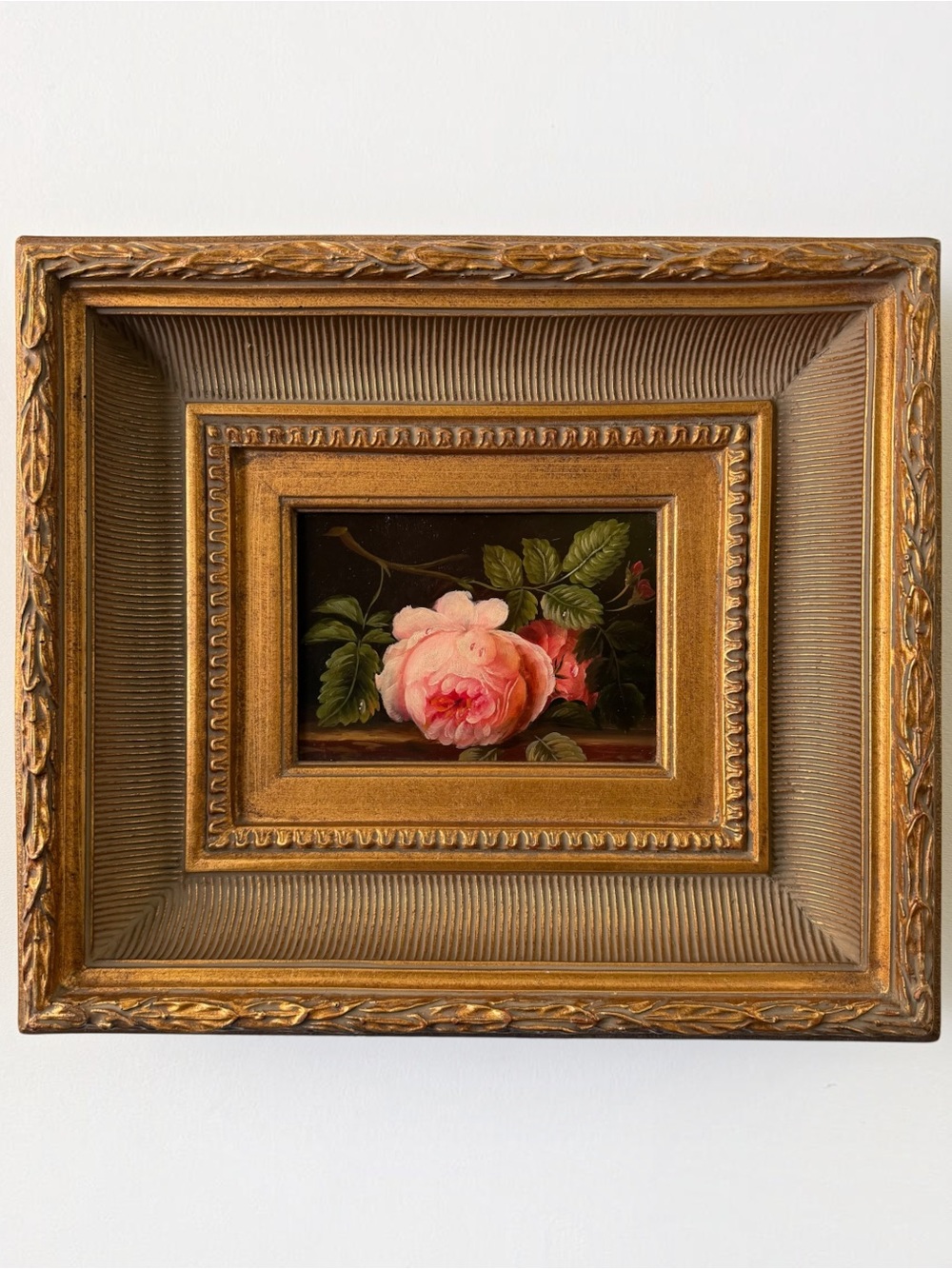 Gold Framed Oil Painting Pink Rose Still Life Dutch Master Style Deep Ornate